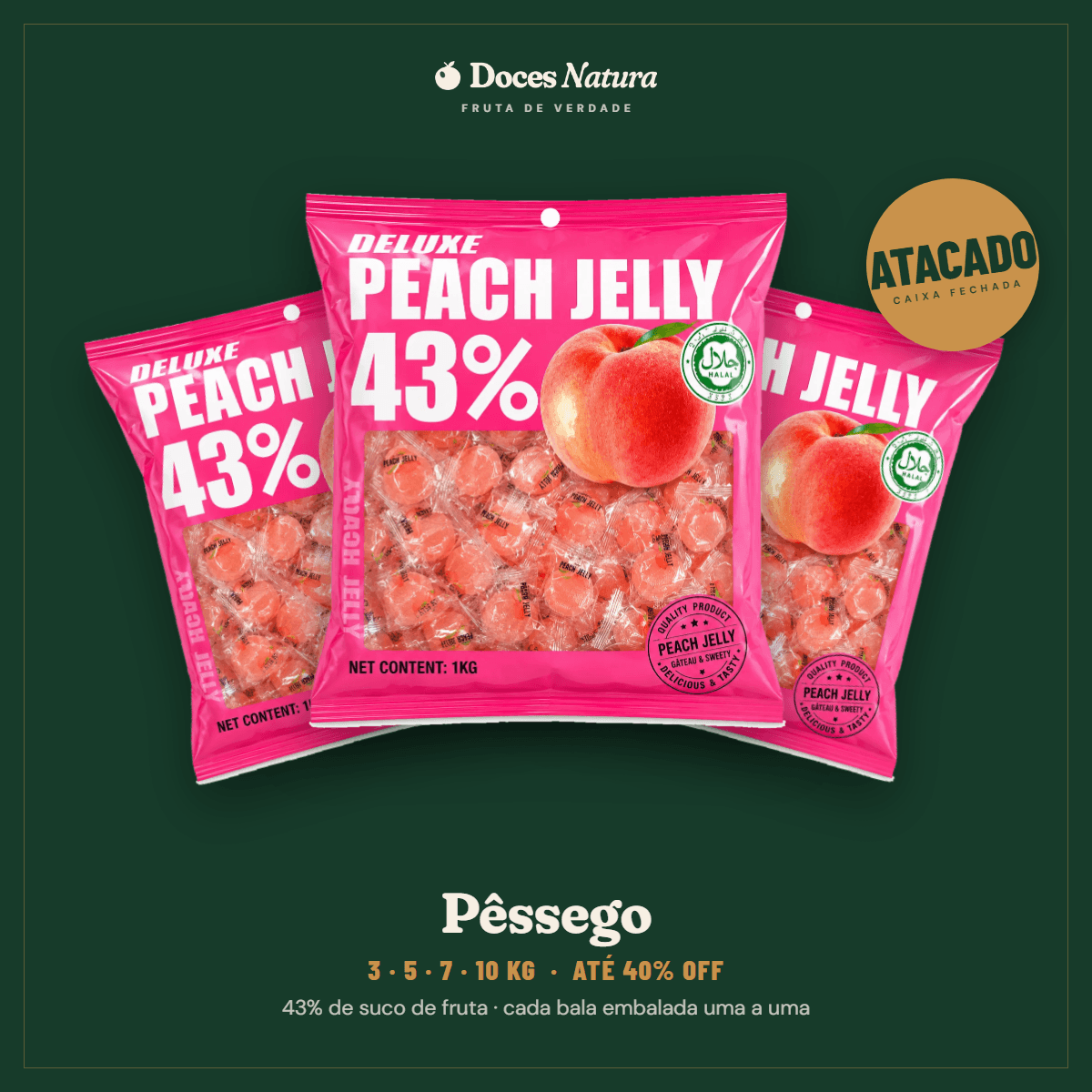 Atacado — Pêssego · Bala Jelly 43% Suco de Fruta