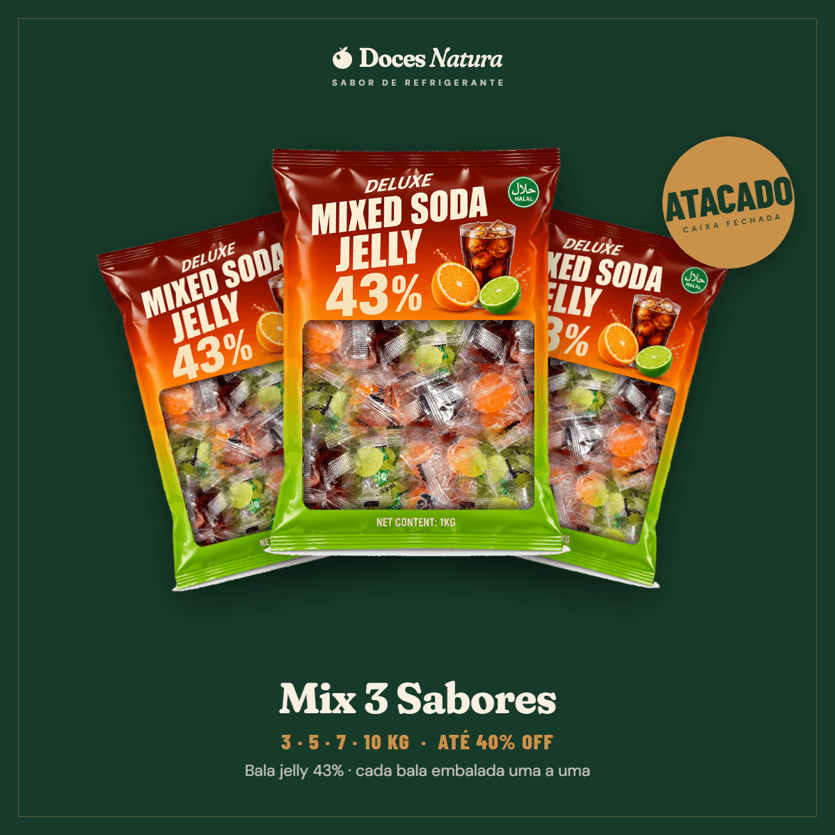 Atacado — Mix 3 Sabores · Bala Jelly Refrigerante 43%